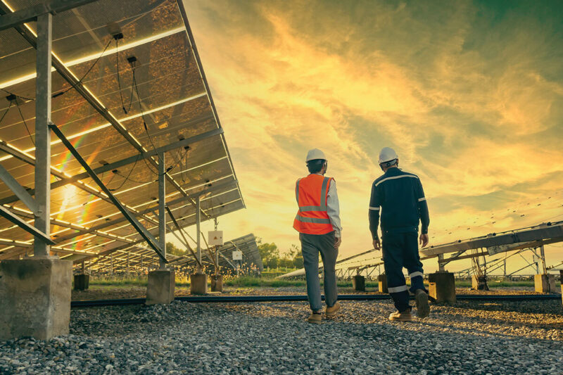 utilities leadership walking through a solar farm