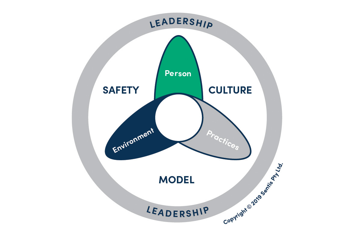 safety culture model that outlines the person, environment, practices and leadership aspects of safety