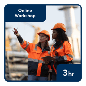 Two female safety workers in high-vis gear having a discussion on a worksite, representing a practical online workshop for coaching conversations and feedback.