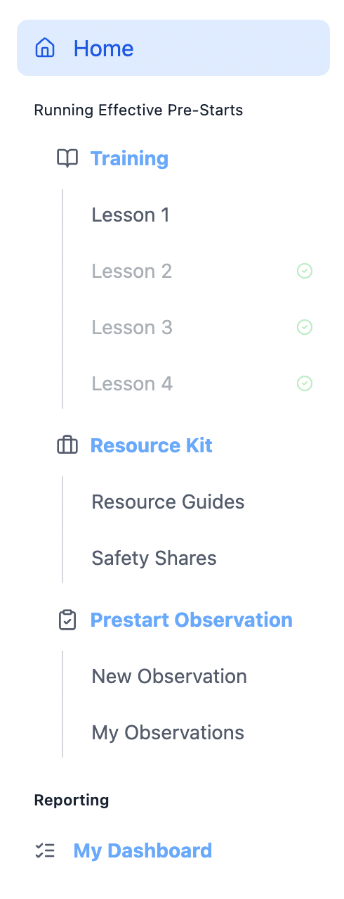 The SAM desktop Home menu on the left of the screen, showing Training, Resource Kit and Pre-Start Observation