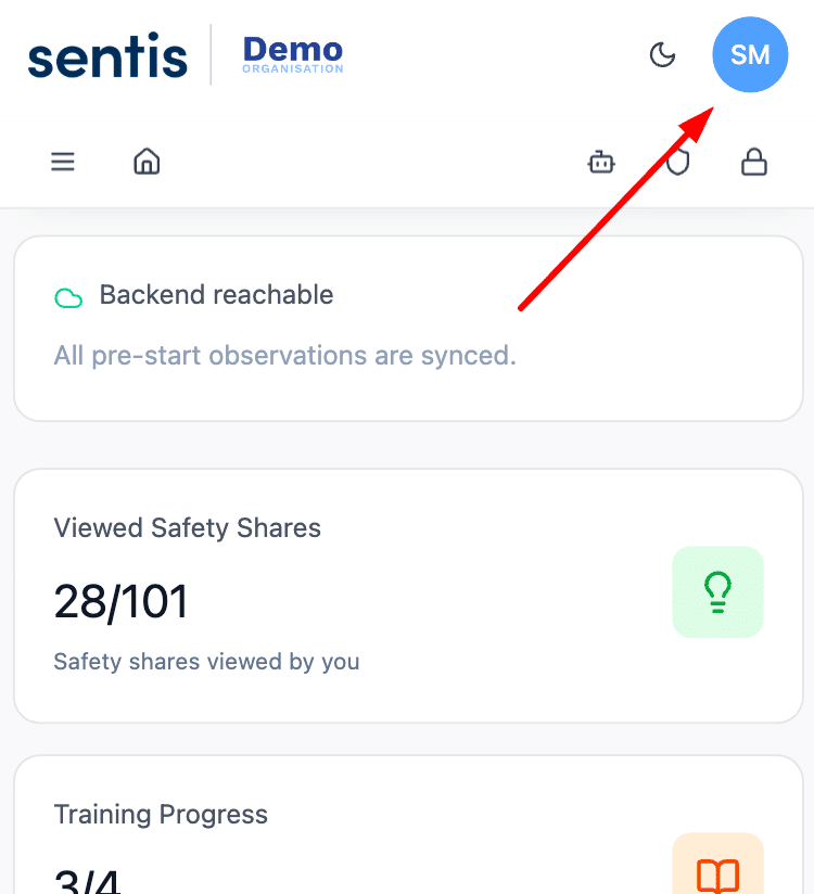 The SAM Home screen with the profile icon in the top-right corner highlighted