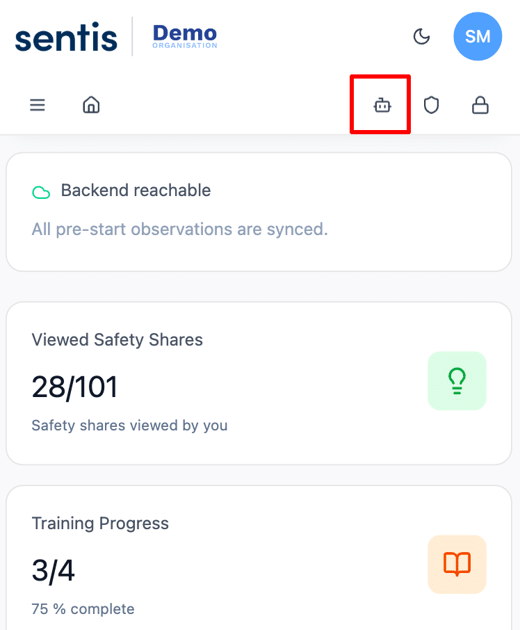 The SAM mobile view with the robot icon highlighted in the top bar, used to open Sam AI